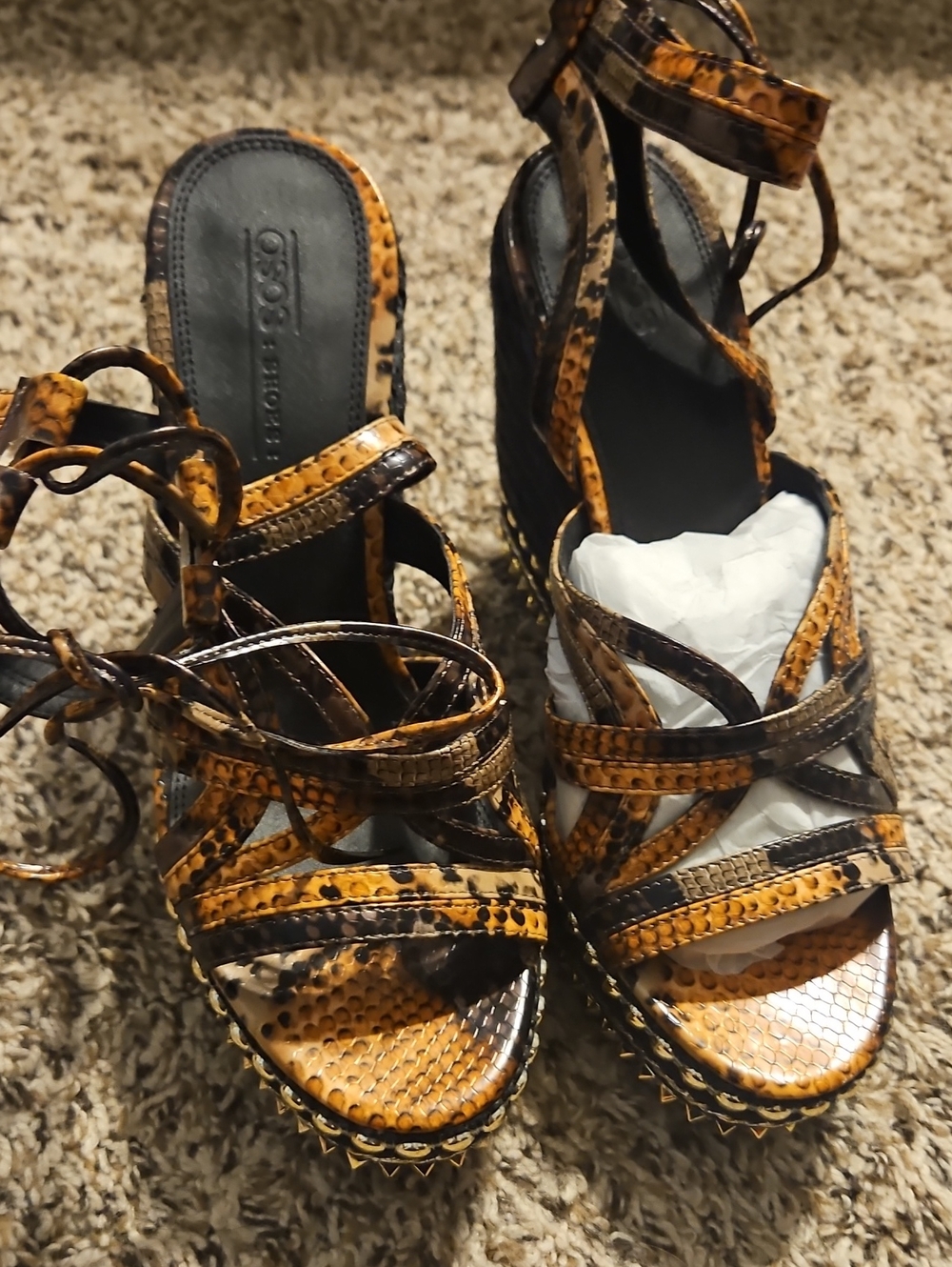 Asos Amber/Black Snake-Print Strappy Wedge Sandals